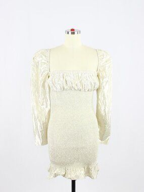 NWOT Aritzia WILFRED Ballad Silver Lamé Smocked Long Sleeve Mini Dress, Size S